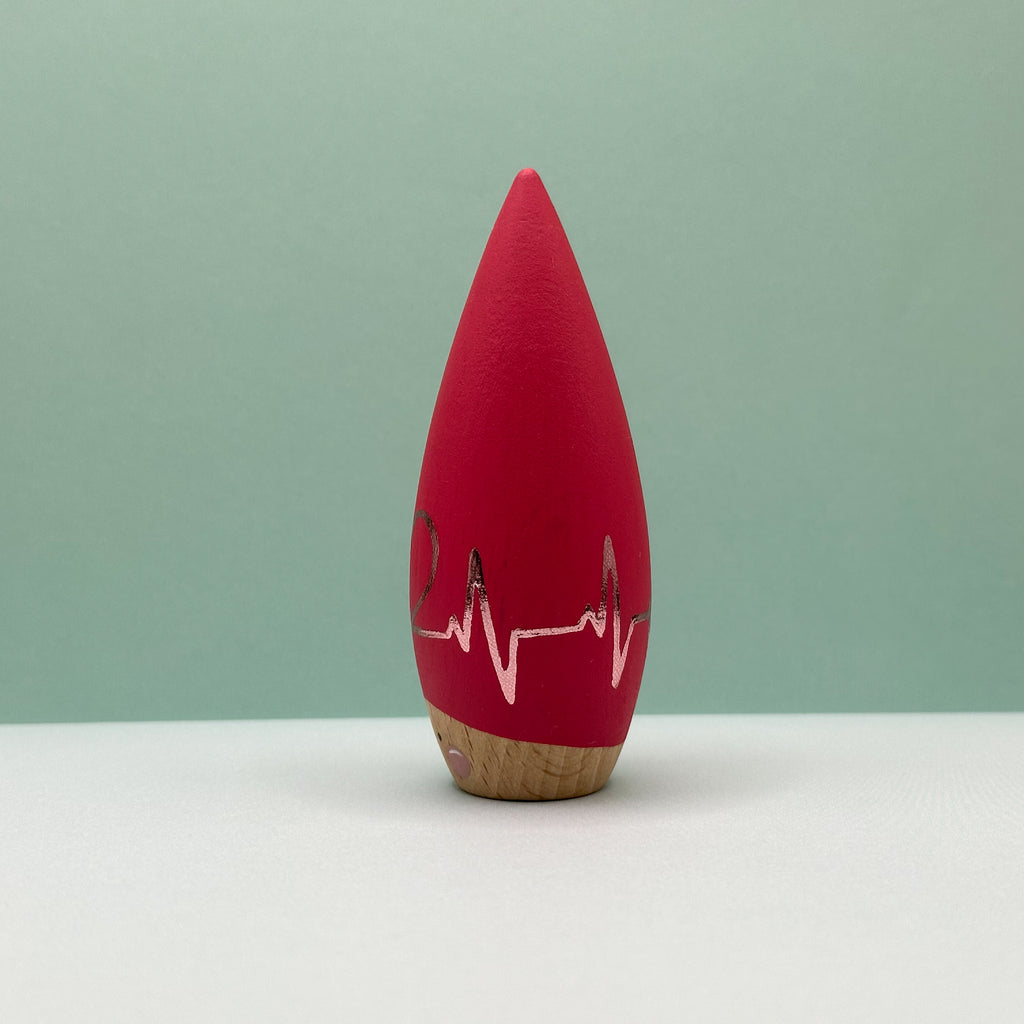 Red teardrop-shaped object with a heartbeat line on a light green background